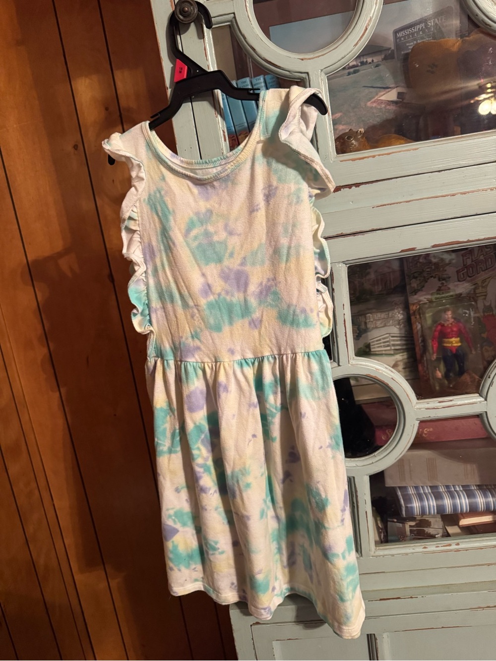 Girls' Tie-Dye Ruffle Sleeve Dress - White with Teal & Lavender Size Large C3